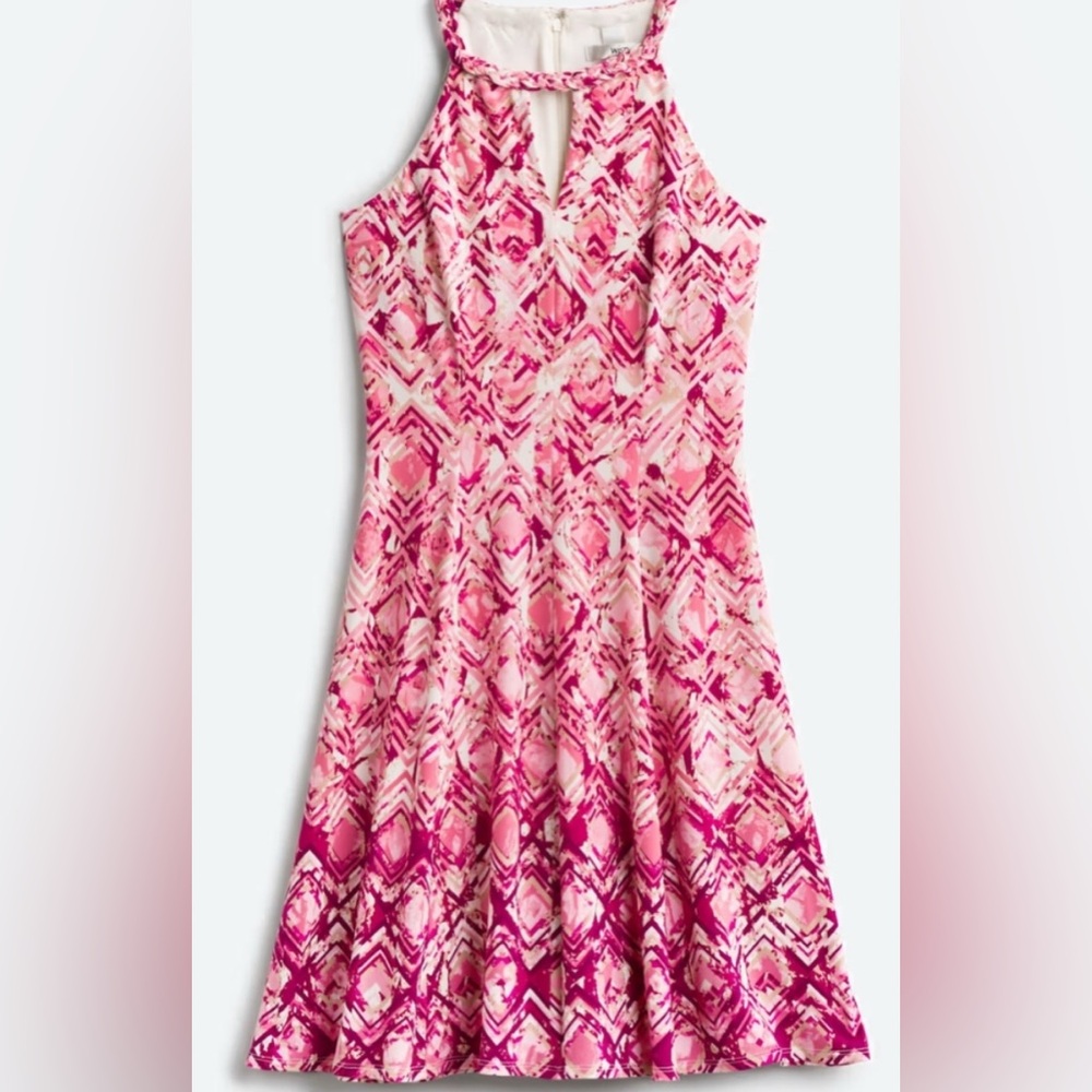 Wisp Pink Patterned Halter Fit & Flare Dress Size 6P